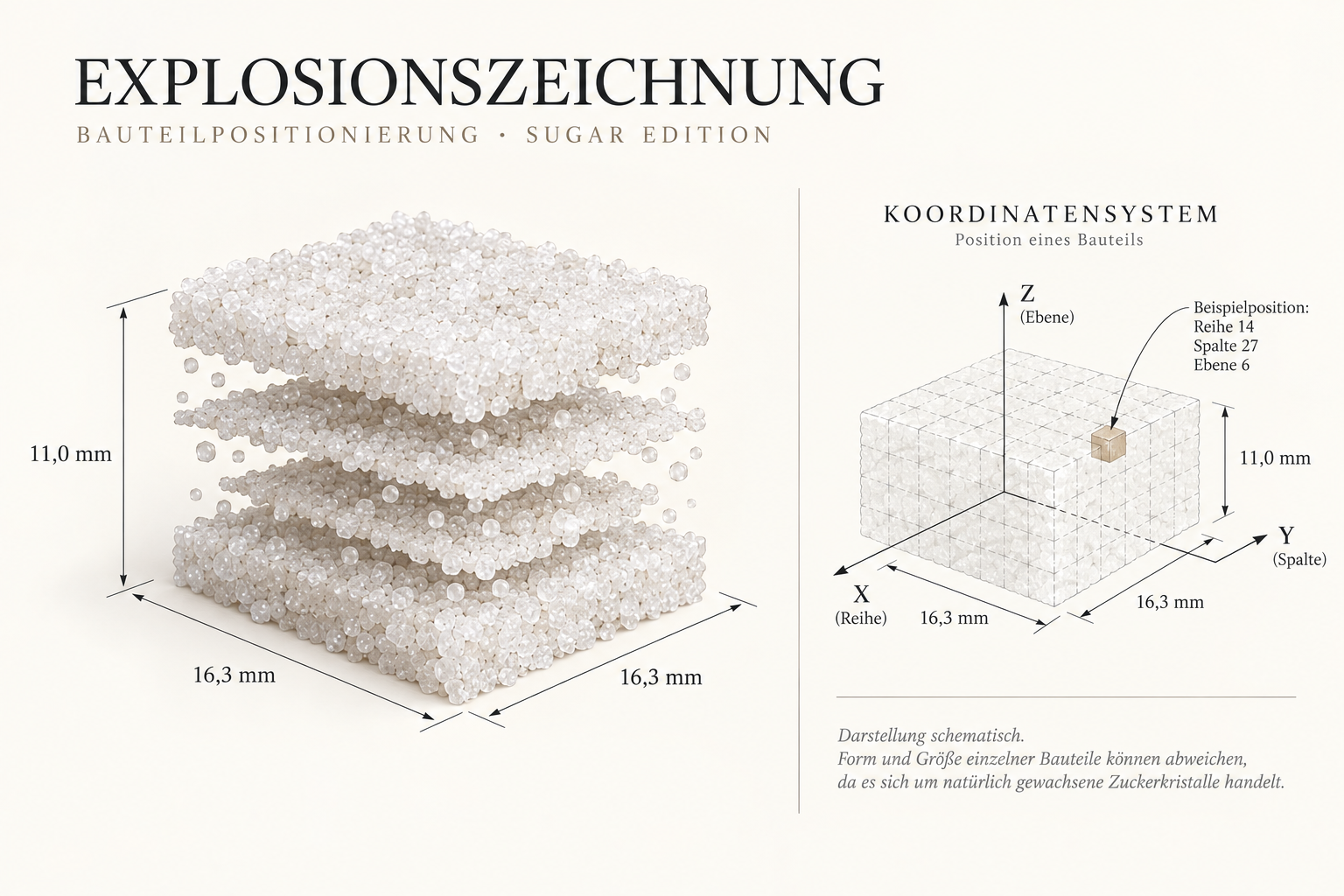 Explosionszeichnung und Koordinatensystem der Sugar Edition